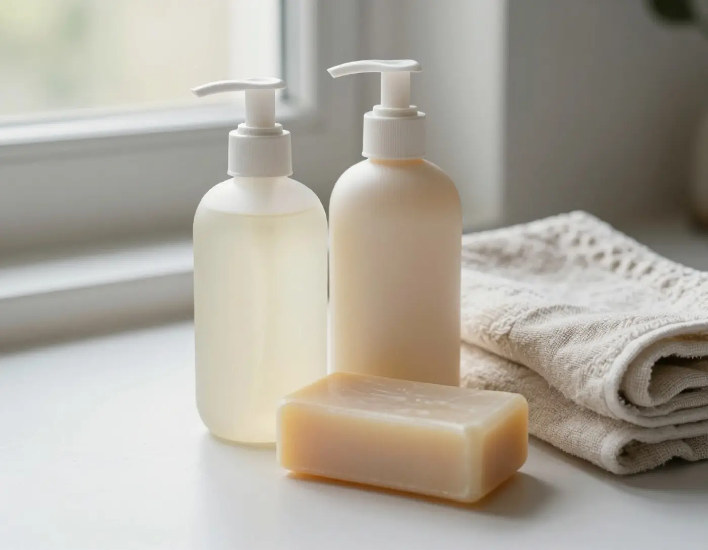 Flacons de cosmétiques neutres et savon solide posés sur un tissu de lin naturel