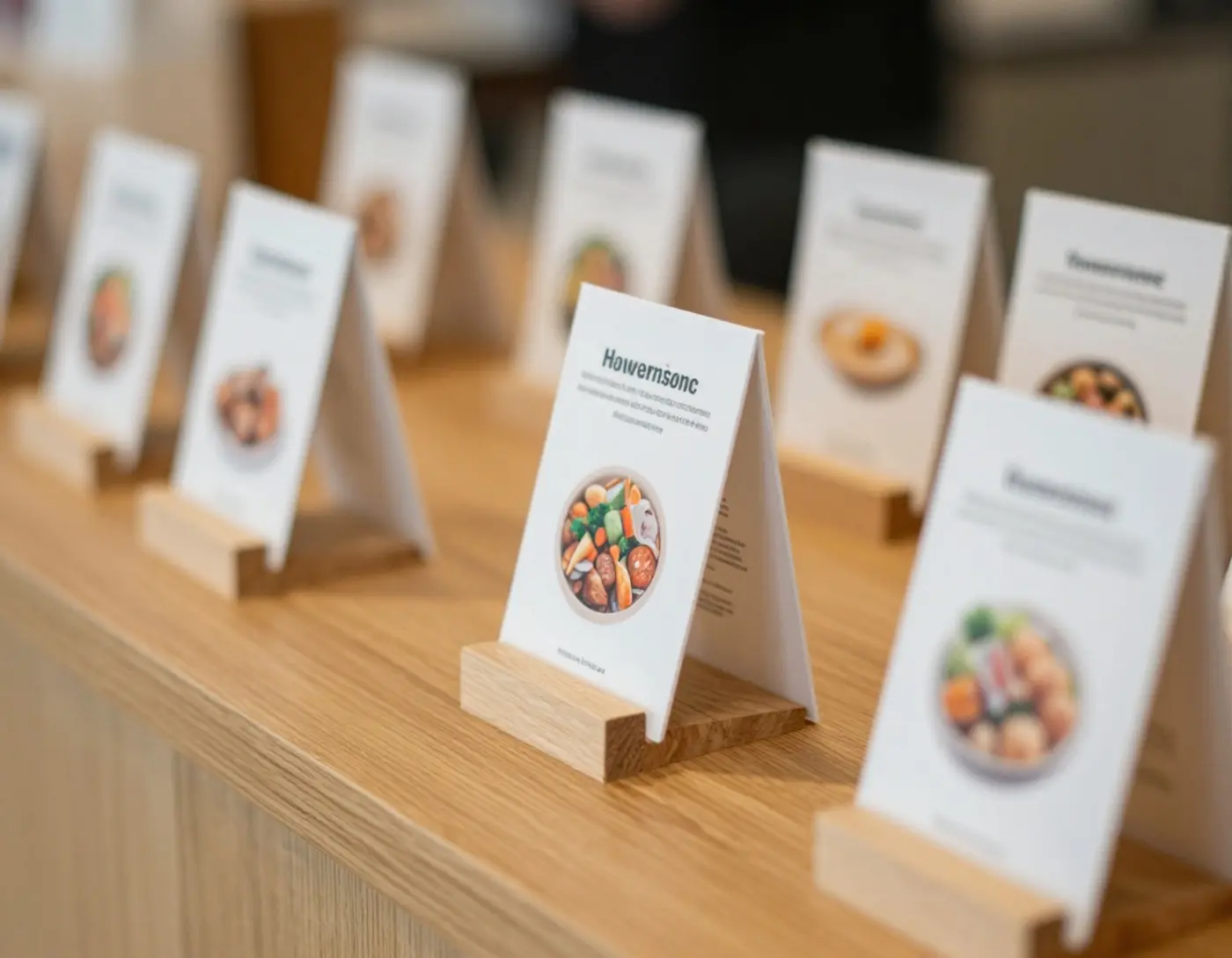 Étiquettes et logos de certification alimentaire posés sur un comptoir en bois