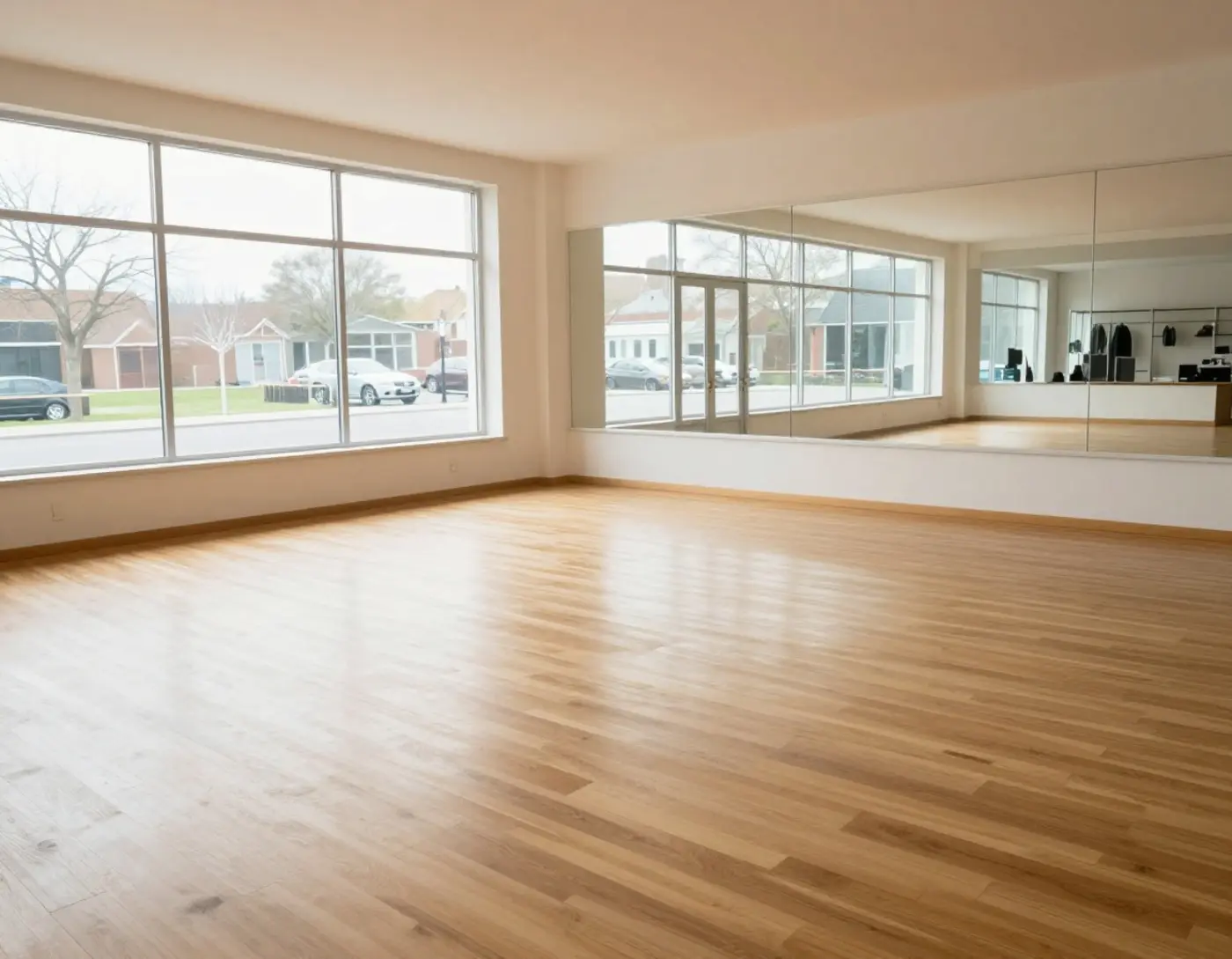Intérieur vide d'un commerce prêt à être aménagé, lumière naturelle sur parquet