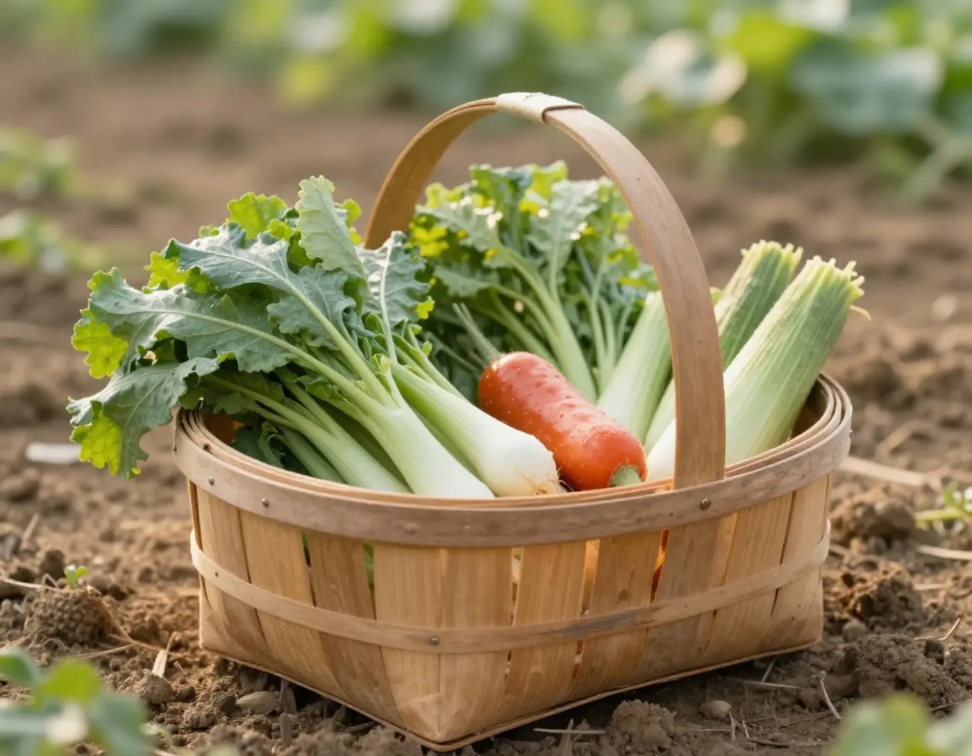 Panier de légumes fraîchement récoltés posé devant une ferme, cagette en bois