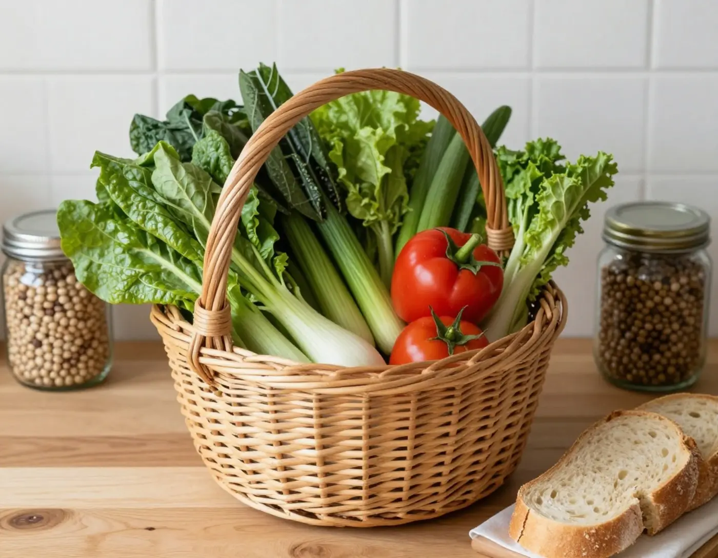Panier de provisions avec légumes, légumineuses et bocal de céréales sur une table de cuisine