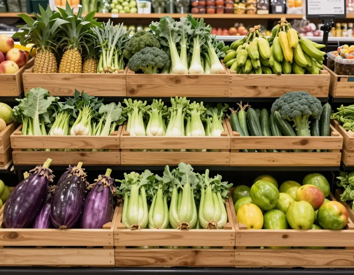 Rayons d'un magasin bio avec fruits et légumes frais disposés dans des cageots en bois