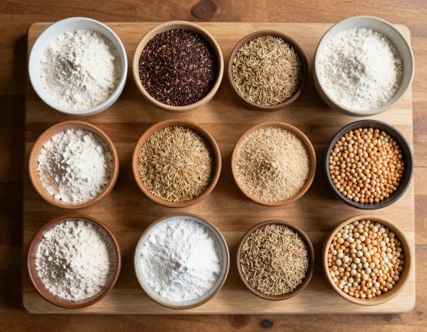 Bols de farines sans gluten et graines disposés sur une planche de cuisine